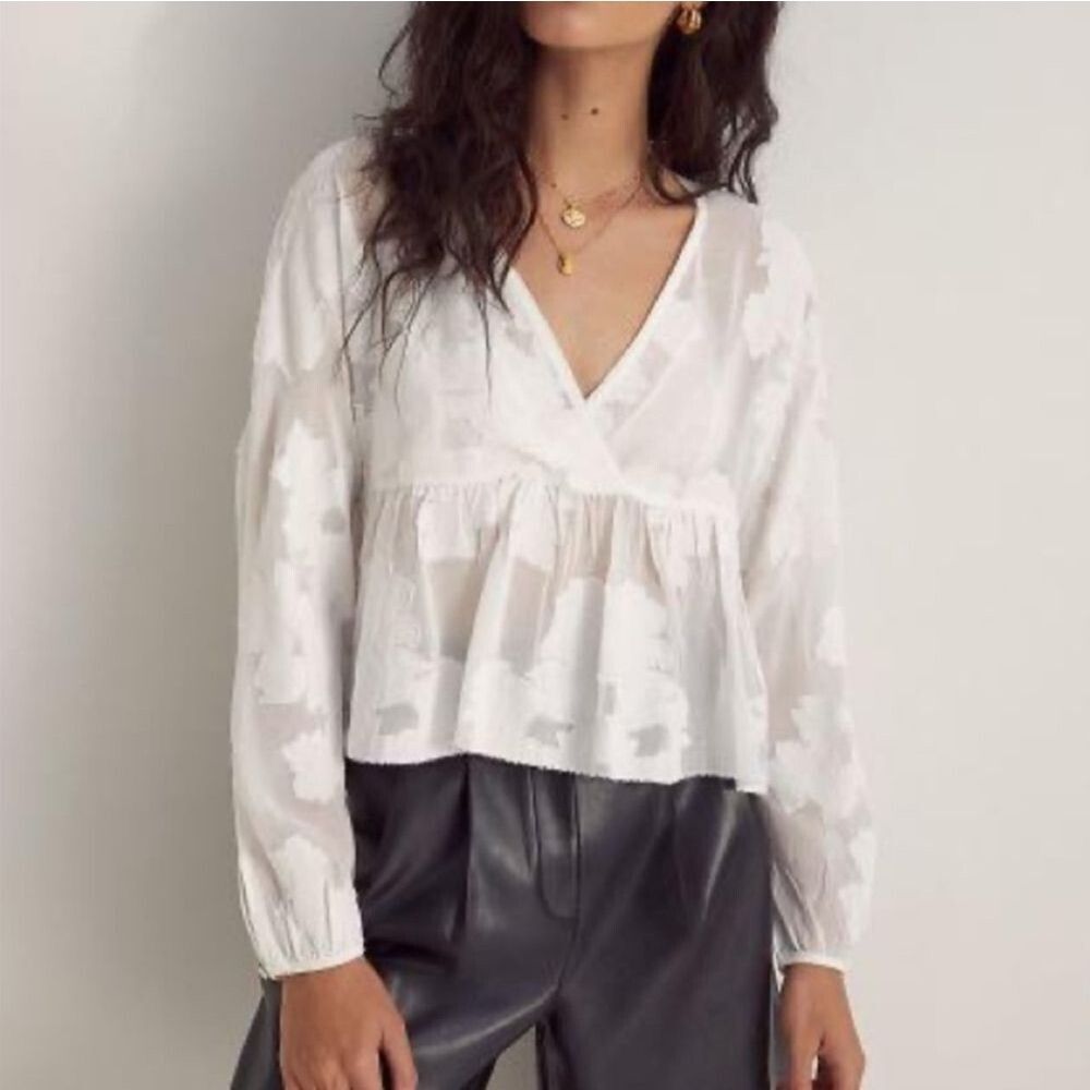 Artizia Wilfred White Jacquard Peplum Blouse Top XXS Long Sleeve Crossover Neck